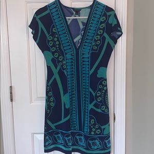 Blue, teal and green silky short sleeve dress
